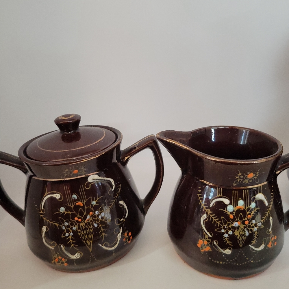 Moriage Redware Vintage JapanCreamer and Sugar Bowl Midcentury
